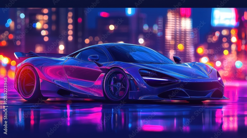 Sleek Modern Sports Car with Neon Background in Vibrant Cityscape at Night Sleek Modern Sports Car with Neon Background in Vibrant Cityscape at Night