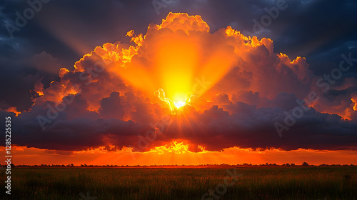 Sunrise through dramatic clouds over a field photo