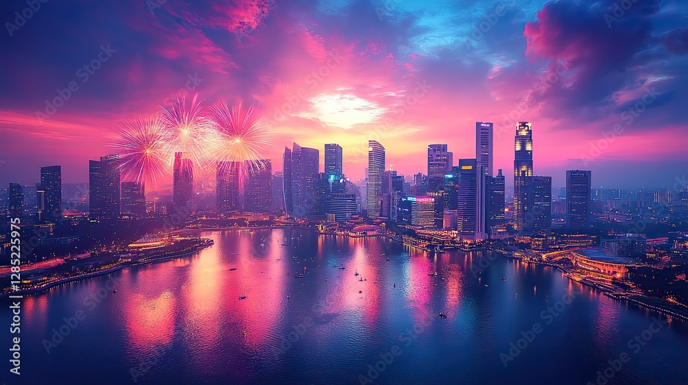 Obraz premium A dazzling fireworks celebration illuminates the night sky over a vibrant city skyline.