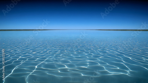 Tranquil, glassy water expanse under a vast blue sky