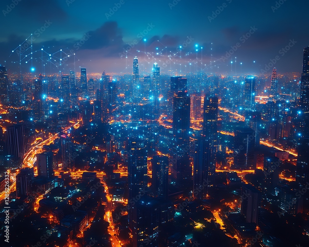 Fototapeta premium Aerial Night City Skyline, Digital Network