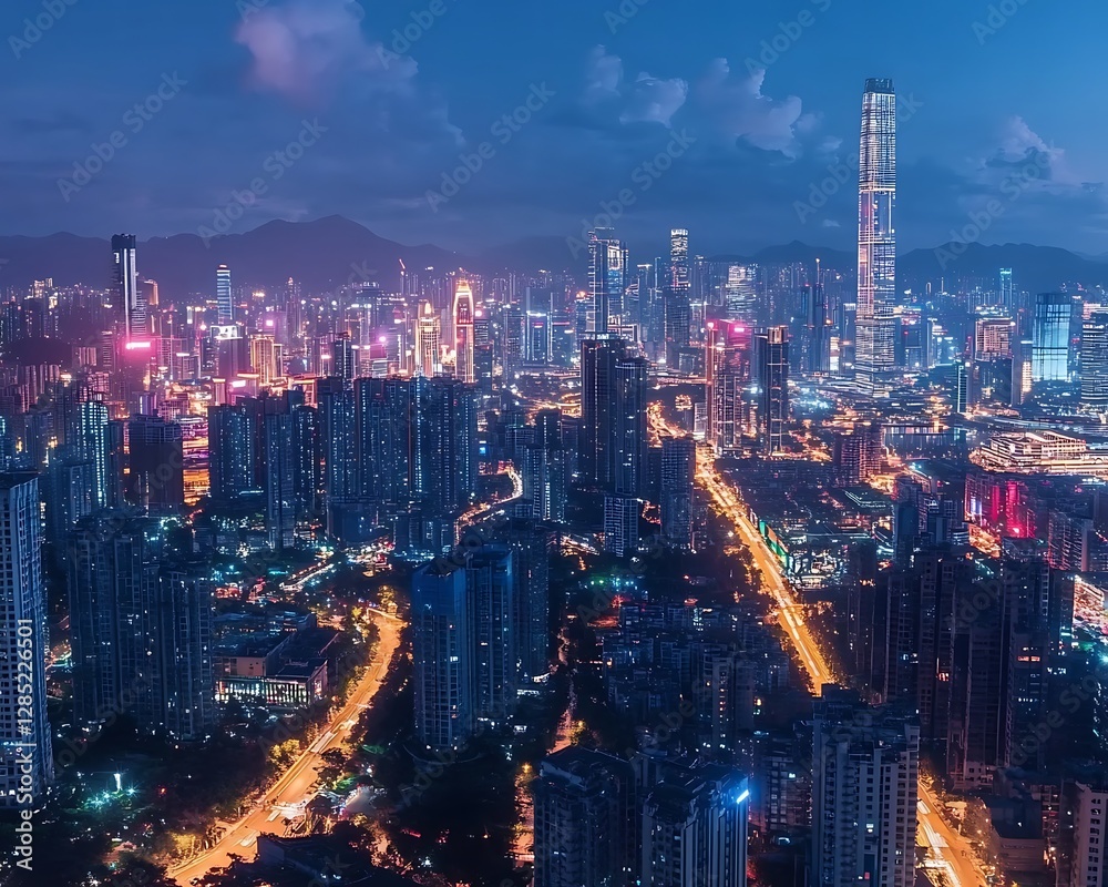 Fototapeta premium Aerial Night Cityscape Skyline, Illuminated Towers, Roads, Dusk