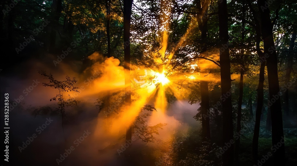 Obraz premium Sunlight filters through trees in a misty forest, creating a magical atmosphere at dawn