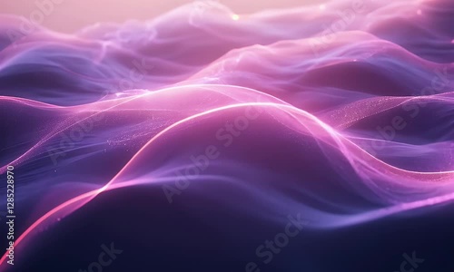 A dreamy landscape of glowing, fluid waves in soft pink and purple hues. A mesmerizing abstract motion of futuristic, ethereal energy, perfect for backgrounds and creative design.