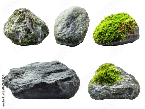 Set of moss-covered rocks isolated on transparent background