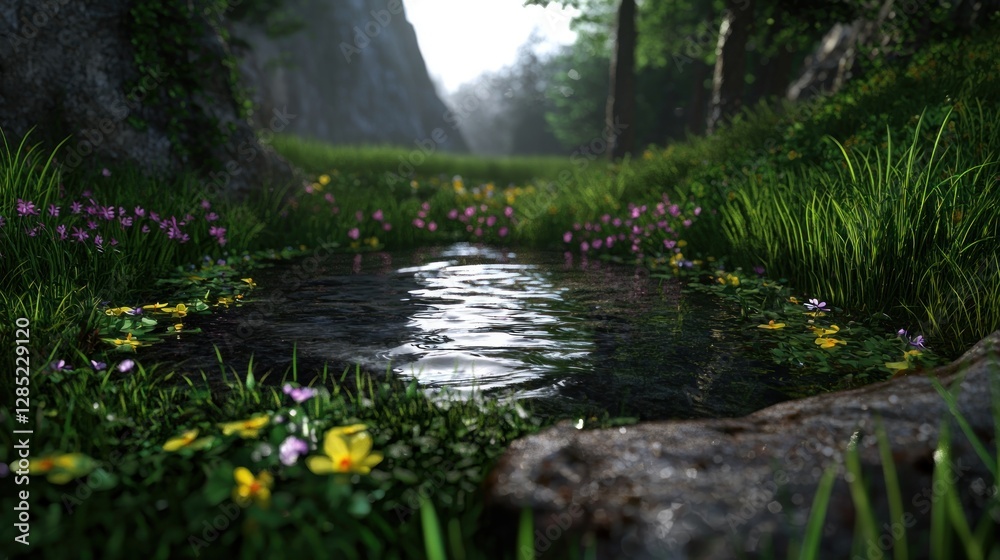 Fototapeta premium Serene forest landscape with a tranquil pond surrounded by vibrant flowers and lush greenery