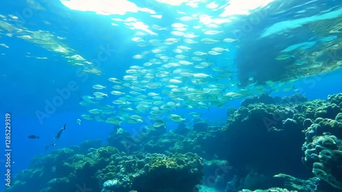 Wallpaper Mural School of fish in blue tropical sea. Ocean animals in the underwater nature Torontodigital.ca