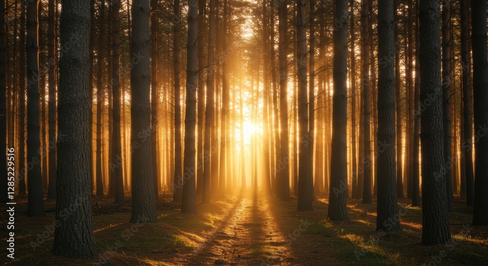 Fototapeta premium Golden Sunlight Streaming Through Tall Trees in a Dense Forest
