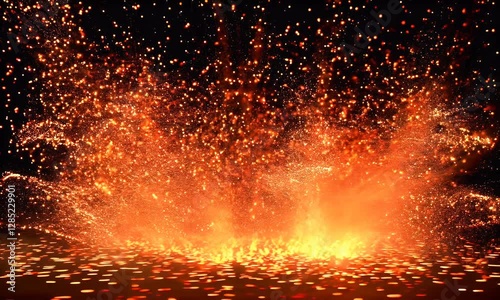 A dramatic explosion of glowing sparks and fiery particles scattering in the dark. A stunning display of energy, heat, and motion, perfect for abstract fire and dynamic visual effects.
