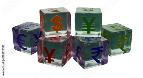 Global Currency Symbols on Transparent Cubes A Visual Representation of International Finance.AI Generated. photo