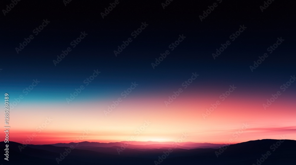 Serene twilight landscape with vibrant colors fading into the horizon over distant mountains Serene twilight landscape with vibrant colors fading into the horizon over distant mountains