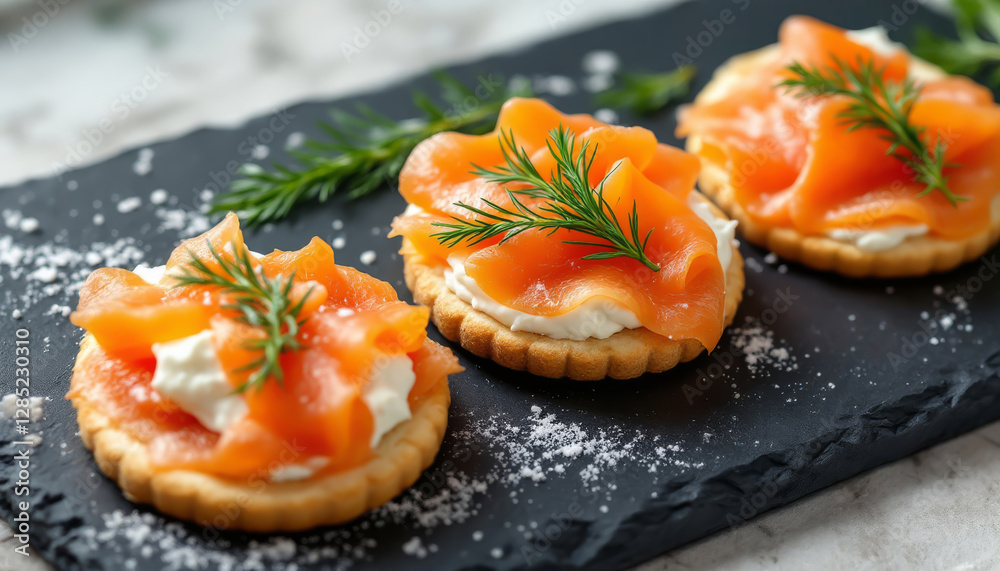 Three cracker snacks topped with salmon cream cheese and dill Three cracker snacks topped with salmon cream cheese and dill