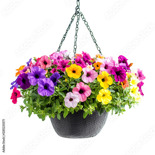 Hanging Basket of Colorful Petunias Isolated on Transparent Background