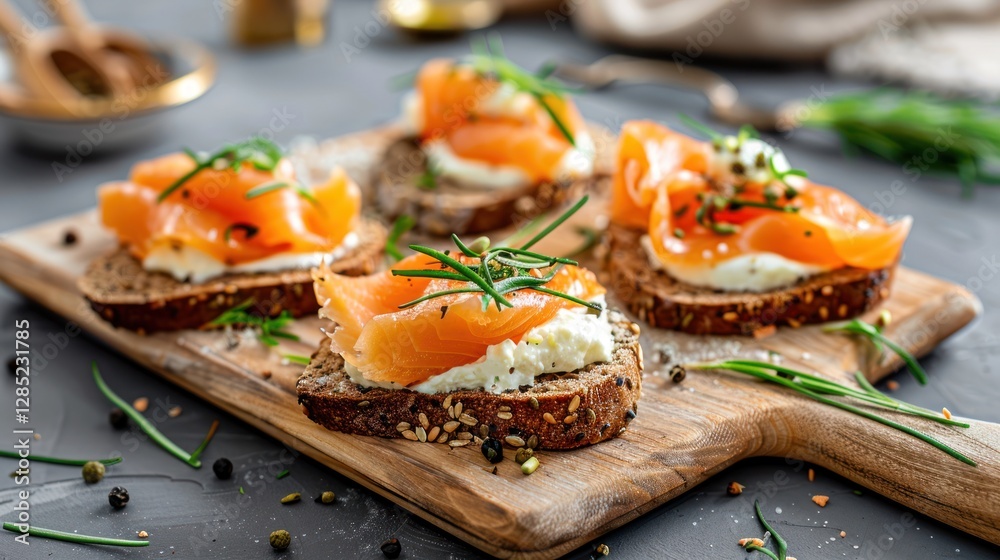 Smoked salmon on rye bread slice on wooden board. Delicioustopped with cheese and smoked salmon Smoked salmon on rye bread slice on wooden board. Delicioustopped with cheese and smoked salmon