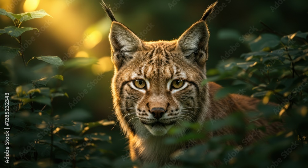 Lynx Portrait Hiding in Forest Undergrowth with Golden Light Glow Lynx Portrait Hiding in Forest Undergrowth with Golden Light Glow
