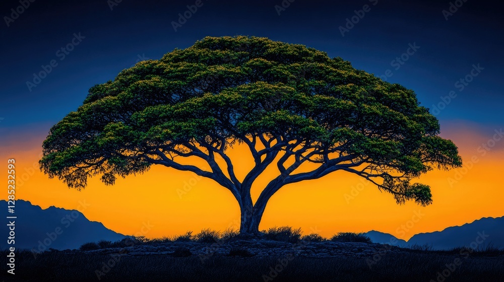 Majestic Tree Silhouetted Against Vibrant Sunset Mountains Majestic Tree Silhouetted Against Vibrant Sunset Mountains
