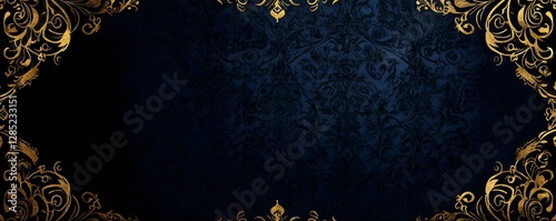 Ornate golden flourishes frame a dark textured damask background