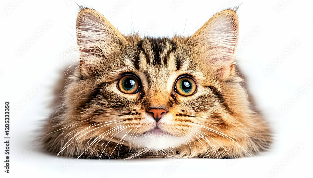 Obraz premium Curious cat looking up, white background, pet portrait, website banner