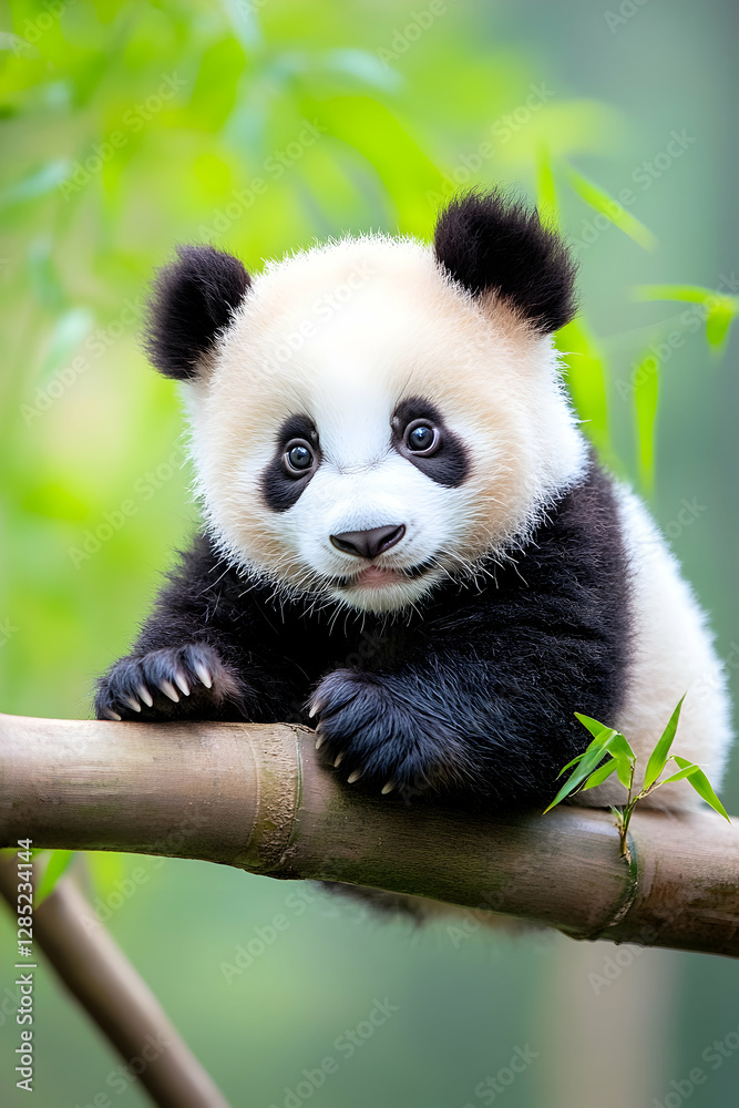 Fototapeta premium Cute panda cub on bamboo branch, lush green forest background, ideal for nature or wildlife publications