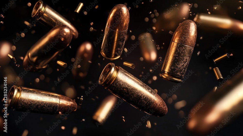 Dynamic close-up of falling bullets with metallic shine and scattered debris in dark background Dynamic close-up of falling bullets with metallic shine and scattered debris in dark background