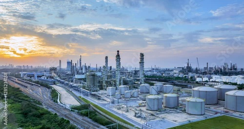 aerial time lapse video of large refinery at dusk, industry landscape of petrochemical aromatic hydrocarbon 