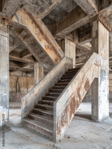 A weathered staircase in an abandoned building, showcasing peeling paint and structural elements, evokes feelings of decay and neglect.