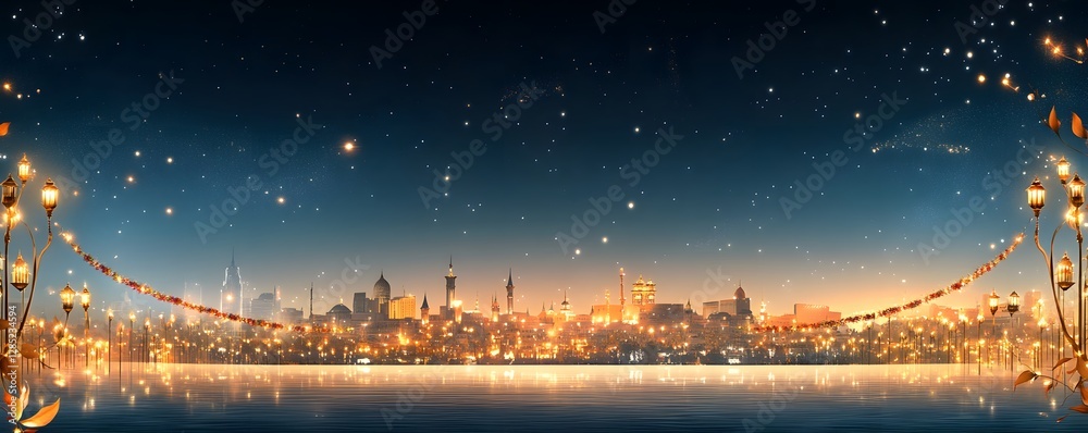 Beautiful skyline reflection with starry night and decorative lights Beautiful skyline reflection with starry night and decorative lights