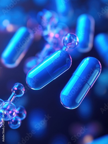 A vibrant, abstract depiction of floating blue capsules and molecular structures, showcasing a futuristic and scientific theme.