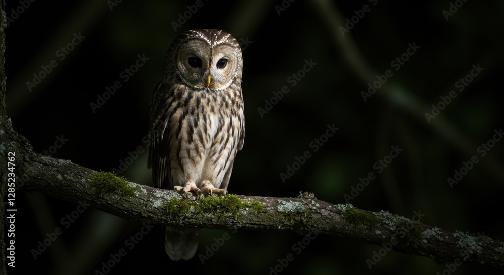 Owl Perched on Branch in Forest, Observing with Intense Stare Owl Perched on Branch in Forest, Observing with Intense Stare