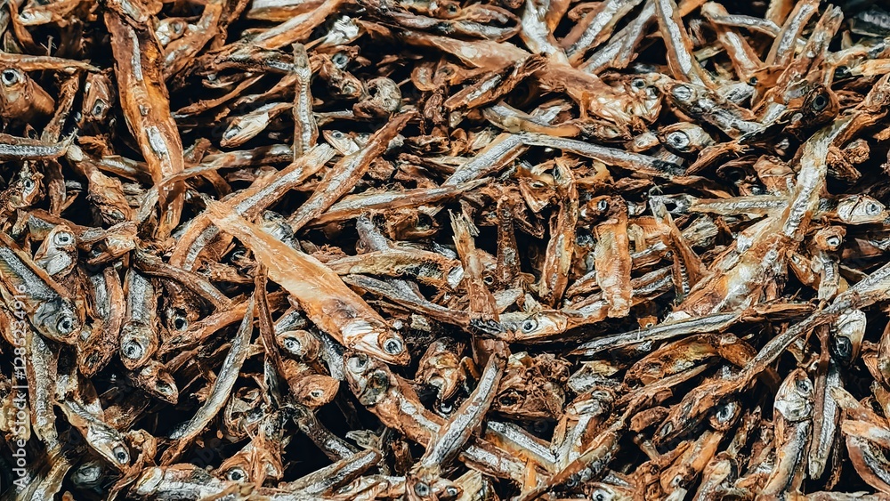 A Detailed Close-Up of Dried Anchovies Displaying Rich Textures A Detailed Close-Up of Dried Anchovies Displaying Rich Textures