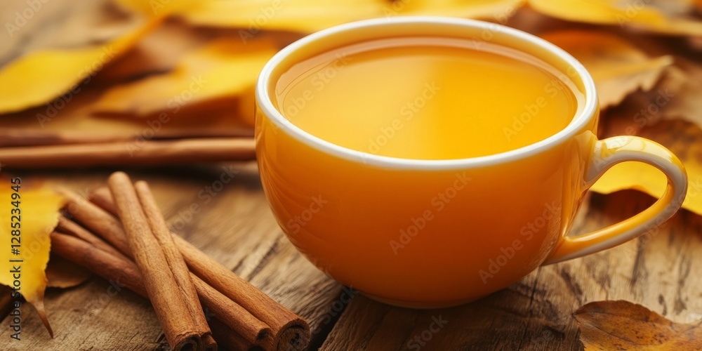Fototapeta premium A close-up of a hot cup of spiced cider resting on a wooden table surrounded by cinnamon sticks and autumn leaves,