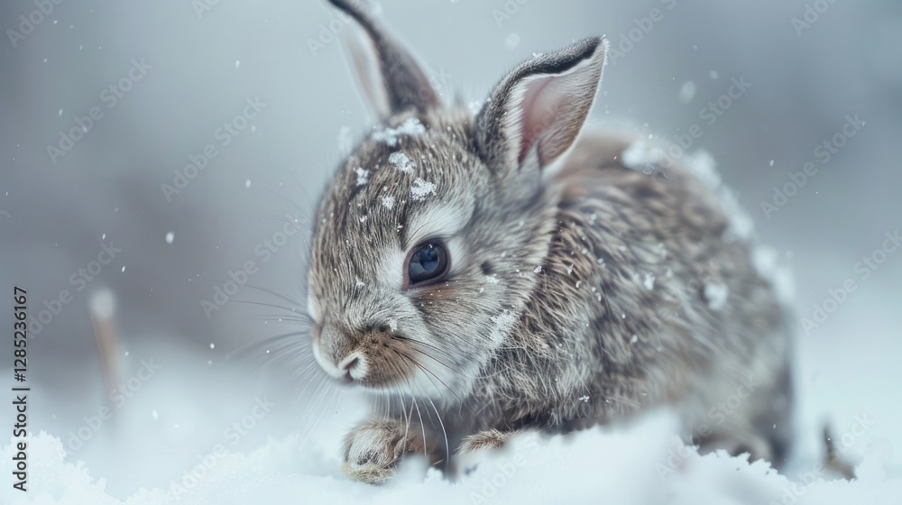 Tiny light gray rabbit with small ears sits on a snowy white and blue background. Pet concept Tiny light gray rabbit with small ears sits on a snowy white and blue background. Pet concept