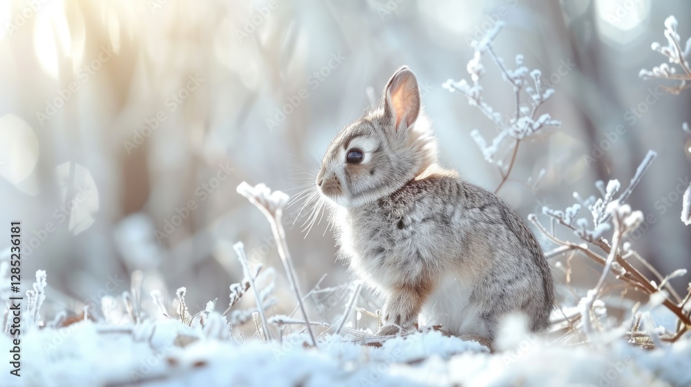 Tiny light gray rabbit with small ears sits on a snowy white and blue background. Pet concept Tiny light gray rabbit with small ears sits on a snowy white and blue background. Pet concept