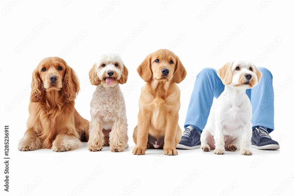 Four adorable puppies posing; legs and shoes visible. Perfect for pet adoption websites Four adorable puppies posing; legs and shoes visible. Perfect for pet adoption websites