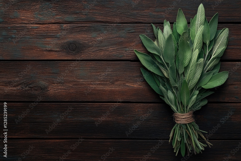 Fresh Sage Bunch on Dark Wooden Tabletop Fresh Sage Bunch on Dark Wooden Tabletop
