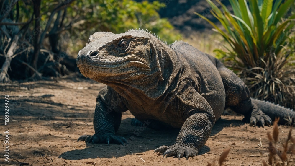 Obraz premium a Komodo dragon in its natural habitat, showcasing its detailed scales and fierce expression, generate AI