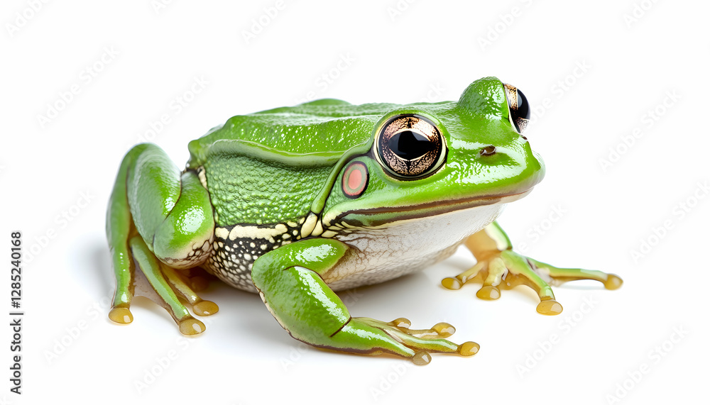 Green frog posing, white background, studio shot, wildlife photography Green frog posing, white background, studio shot, wildlife photography