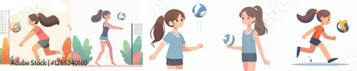 collection of vectors of girls playing volleyball