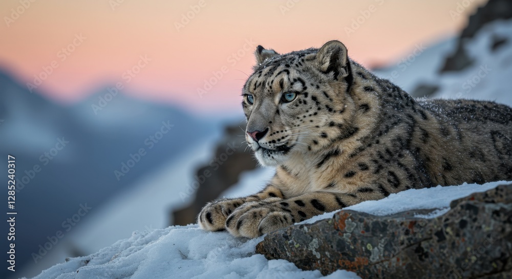 Obraz premium Snow Leopard Resting on Rocky Outcrop in Mountainous Winter Landscape