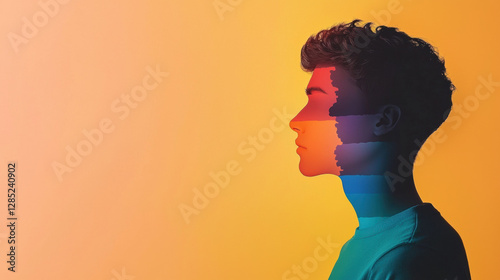 Conversion disorder psychology cognitive FND. Profile silhouette with colorful layers against a gradient background.