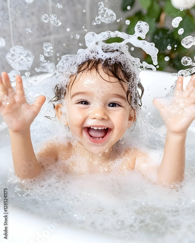 Happy baby playing in bubble bath, bathroom background, for hygiene product ads