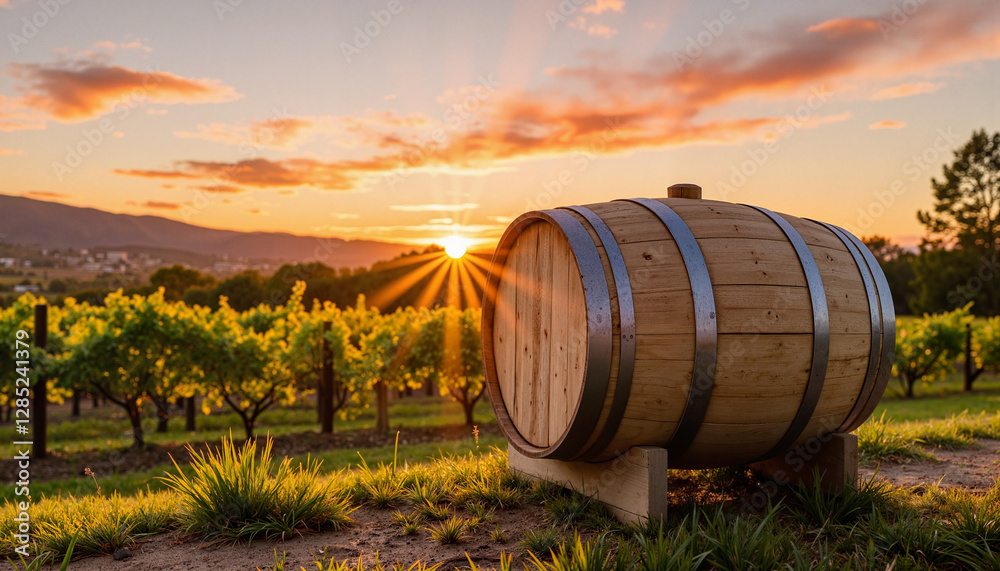 Obraz premium Lonely wine barrel glowing at sunset in vineyard, rustic tranquility