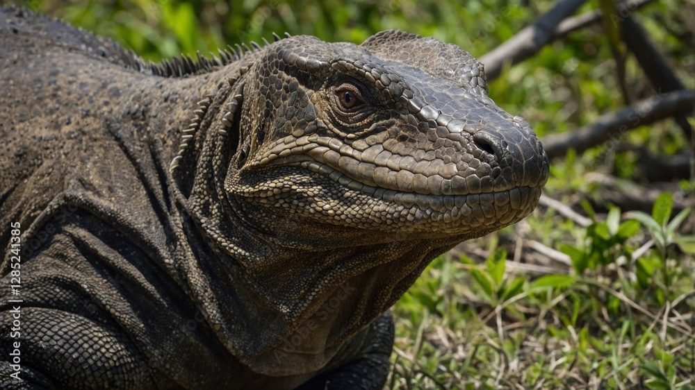 Obraz premium a Komodo dragon in its natural habitat, showcasing its detailed scales and fierce expression, generate AI