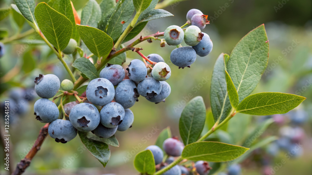Fresh blueberries on branch with green leaves in natural setting Fresh blueberries on branch with green leaves in natural setting