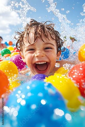 Happy child playing with colorful balls in pool