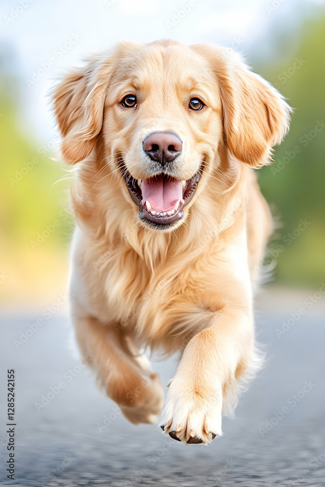 Happy Golden Retriever running outdoors Happy Golden Retriever running outdoors