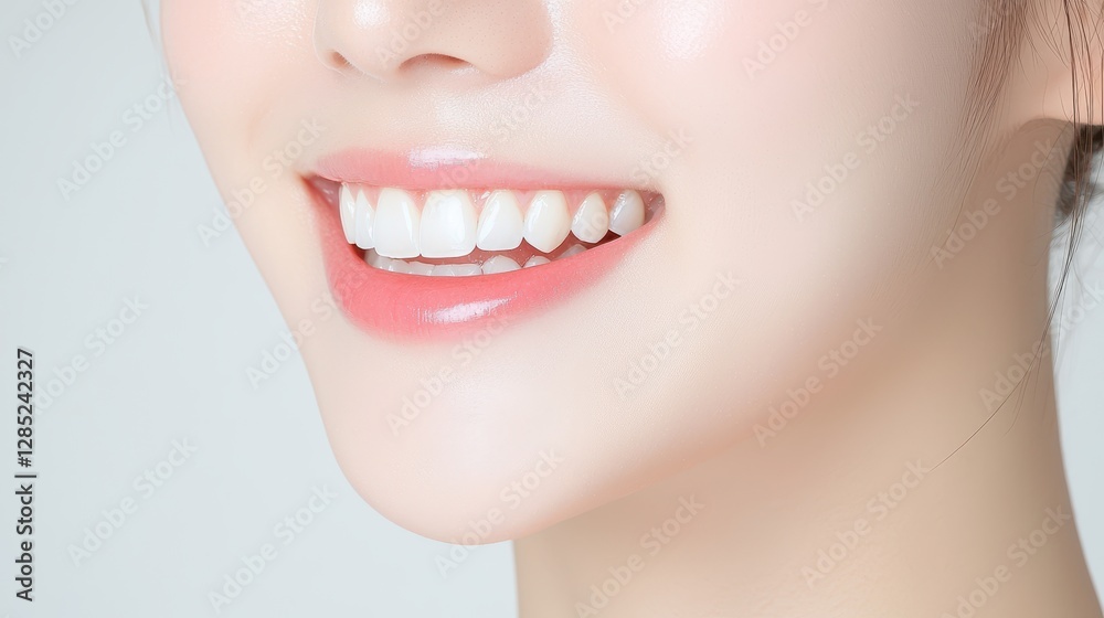 Obraz premium Smiling Woman with Radiant Teeth Against Soft Neutral Background