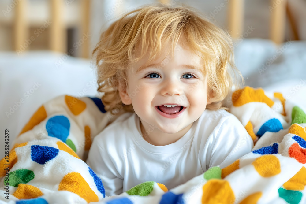 Happy toddler boy smiles in bed, colorful blanket, bedroom background Happy toddler boy smiles in bed, colorful blanket, bedroom background