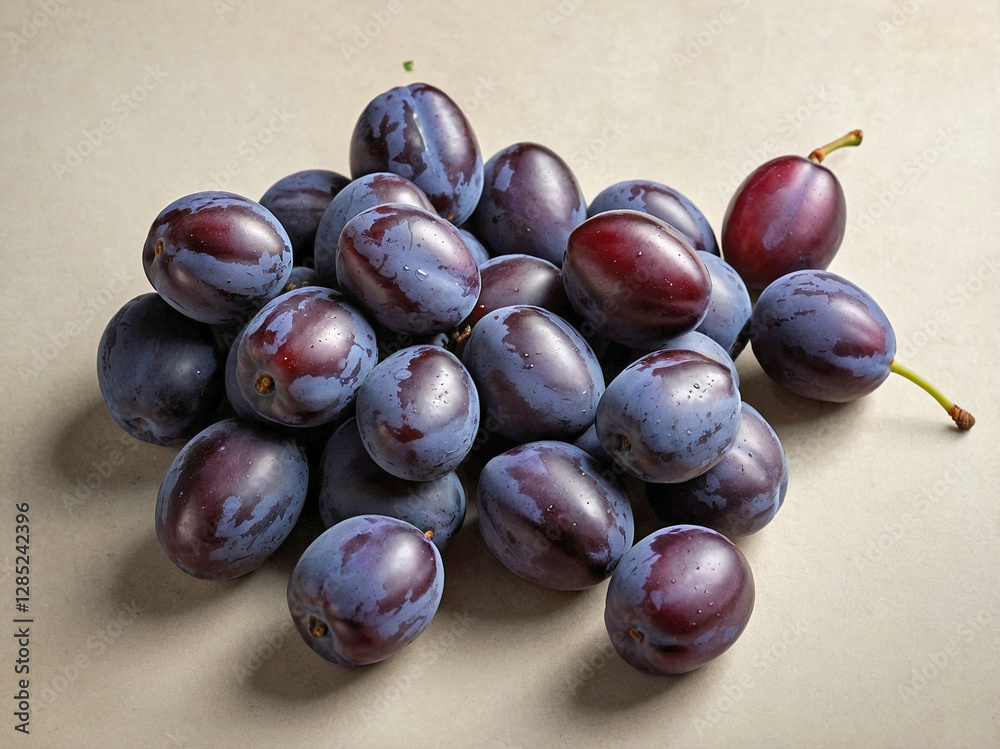 Fototapeta premium A small pile of damson resting on a soft, light beige surface.