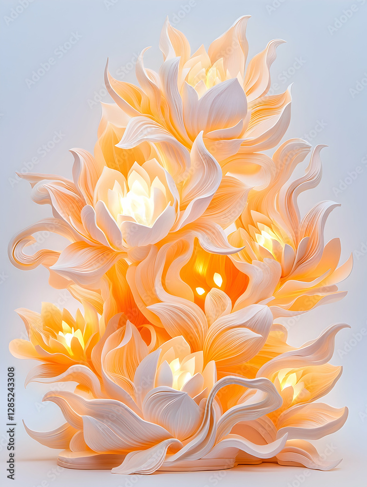 Naklejka premium Illuminated ceramic flower sculpture, studio shot, light background, home decor